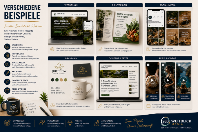 Verschiedene Beispiele aus den Bereichen Social Media, Grafikdesign, Content, Webseiten und Reels – Weitblick 360 Media