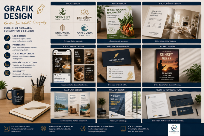 Beispiele Grafikdesign mit Logos, Flyern, Broschüren, Social-Media-Grafiken und Werbemitteln von Weitblick 360 Media.