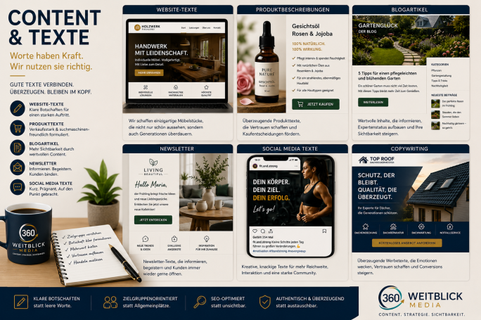 Beispiele für Content & Texte mit Website-Texten, Produktbeschreibungen, Blogartikeln, Newslettern und Social-Media-Texten von Weitbli